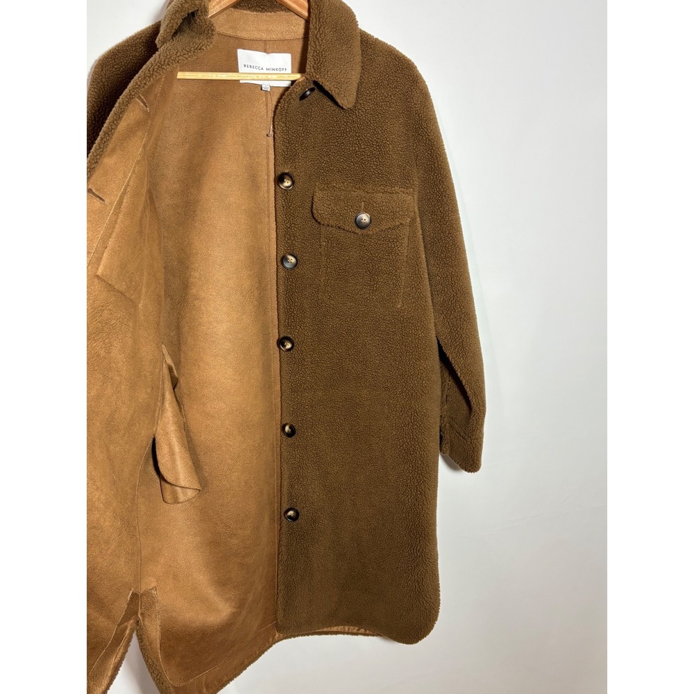 Rebecca Minkoff Shacket Womens L Brown Sherpa Long Teddy Coat Faux Suede Lining - Picture 3 of 11